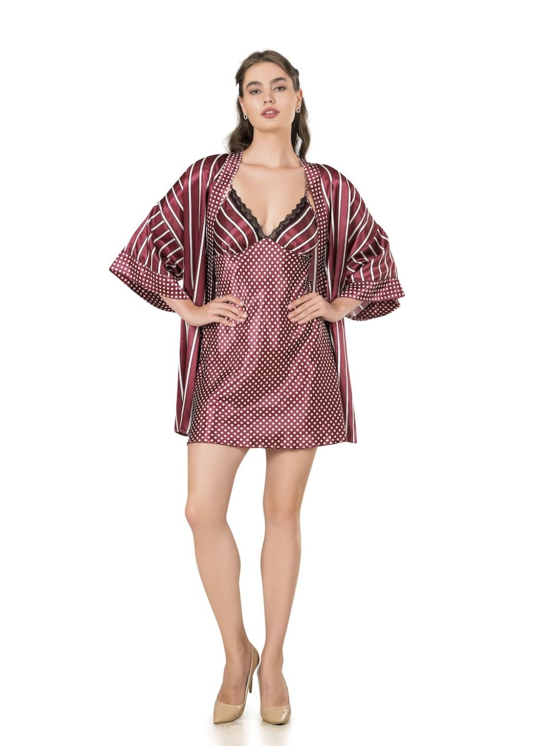 Satin set, nightdress, light burgundy bathrobe PIZ204 - Online store - Boutique